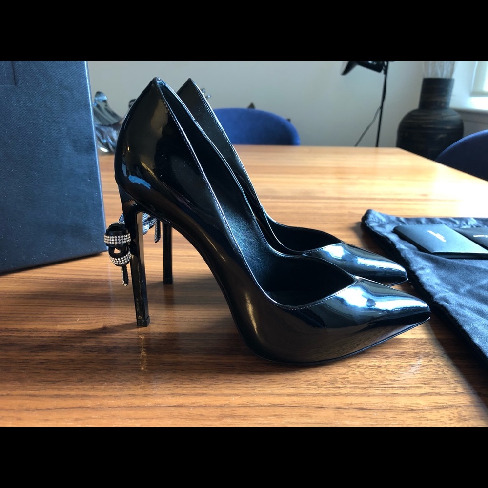 Saint Laurent black crystal bow patent pumps